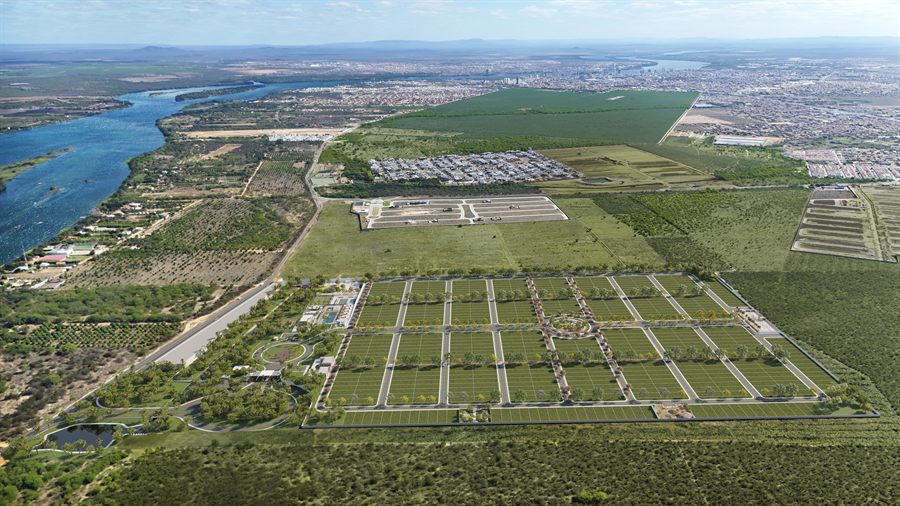 Vista aérea do Horto Condomínio Club com o Rio São Francisco ao fundo, perspectiva ilustrativa